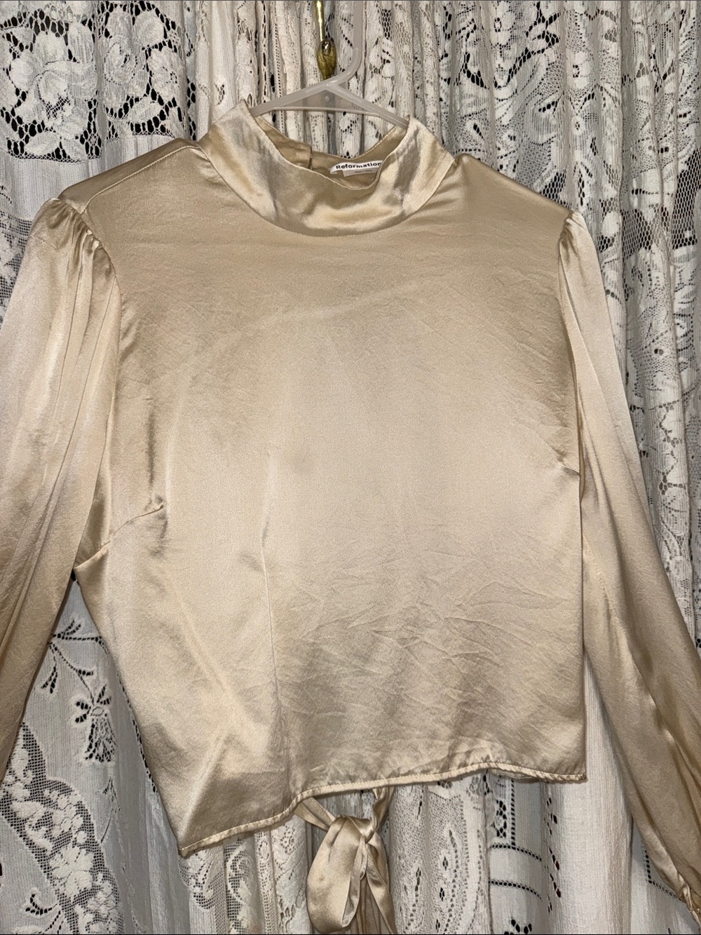 Reformation Cream silk High Neck Long Sleeve Tie-Back Top
